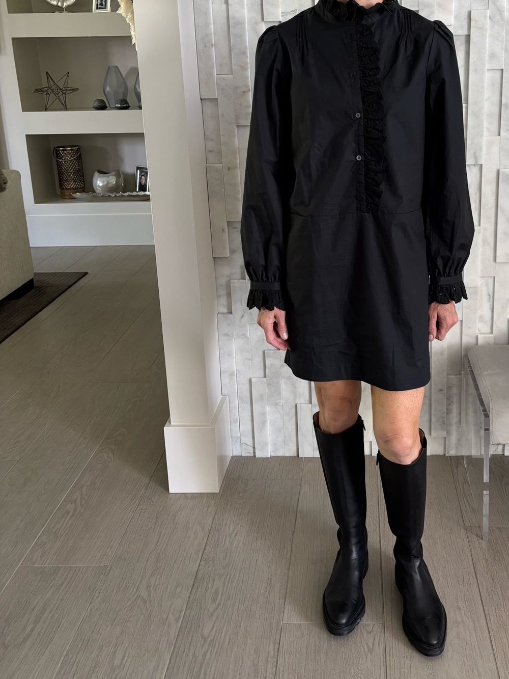 Joie Black Dress Pleated Front, Ruffled collar and sleeves